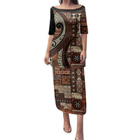 Vintage Samoa Siapo Mamanu Family Matching Puletasi and Hawaiian Shirt Brown Samoan Tapa Motif LT9 Mom's Dress Brown - Polynesian Pride