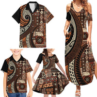 Vintage Samoa Siapo Mamanu Family Matching Summer Maxi Dress and Hawaiian Shirt Brown Samoan Tapa Motif LT9 - Polynesian Pride