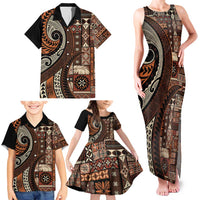Vintage Samoa Siapo Mamanu Family Matching Tank Maxi Dress and Hawaiian Shirt Brown Samoan Tapa Motif LT9 - Polynesian Pride