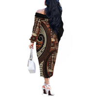 Vintage Samoa Siapo Mamanu Off The Shoulder Long Sleeve Dress Brown Samoan Tapa Motif - Polynesian Pride
