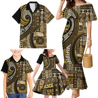 Vintage Samoa Siapo Mamanu Family Matching Mermaid Dress and Hawaiian Shirt Gold Samoan Tapa Motif LT9 - Polynesian Pride