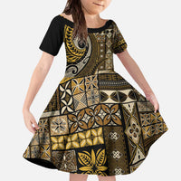 Vintage Samoa Siapo Mamanu Family Matching Off The Shoulder Long Sleeve Dress and Hawaiian Shirt Gold Samoan Tapa Motif LT9 Daughter's Dress Gold - Polynesian Pride