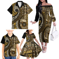 Vintage Samoa Siapo Mamanu Family Matching Off The Shoulder Long Sleeve Dress and Hawaiian Shirt Gold Samoan Tapa Motif LT9 - Polynesian Pride