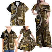 Vintage Samoa Siapo Mamanu Family Matching Off Shoulder Maxi Dress and Hawaiian Shirt Gold Samoan Tapa Motif LT9 - Polynesian Pride