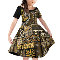Vintage Samoa Siapo Mamanu Family Matching Off Shoulder Short Dress and Hawaiian Shirt Gold Samoan Tapa Motif LT9 Daughter's Dress Gold - Polynesian Pride