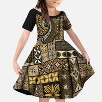 Vintage Samoa Siapo Mamanu Family Matching Puletasi and Hawaiian Shirt Gold Samoan Tapa Motif LT9 Daughter's Dress Gold - Polynesian Pride