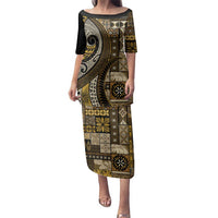 Vintage Samoa Siapo Mamanu Family Matching Puletasi and Hawaiian Shirt Gold Samoan Tapa Motif LT9 Mom's Dress Gold - Polynesian Pride