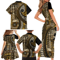 Vintage Samoa Siapo Mamanu Family Matching Short Sleeve Bodycon Dress and Hawaiian Shirt Gold Samoan Tapa Motif LT9 - Polynesian Pride