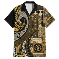 Vintage Samoa Siapo Mamanu Family Matching Short Sleeve Bodycon Dress and Hawaiian Shirt Gold Samoan Tapa Motif LT9 Dad's Shirt - Short Sleeve Gold - Polynesian Pride