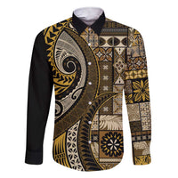 Vintage Samoa Siapo Mamanu Family Matching Short Sleeve Bodycon Dress and Hawaiian Shirt Gold Samoan Tapa Motif LT9 Dad's Shirt - Long Sleeve Gold - Polynesian Pride