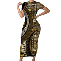 Vintage Samoa Siapo Mamanu Family Matching Short Sleeve Bodycon Dress and Hawaiian Shirt Gold Samoan Tapa Motif LT9 Mom's Dress Gold - Polynesian Pride