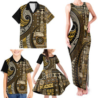 Vintage Samoa Siapo Mamanu Family Matching Tank Maxi Dress and Hawaiian Shirt Gold Samoan Tapa Motif LT9 - Polynesian Pride