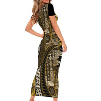 Vintage Samoa Siapo Mamanu Short Sleeve Bodycon Dress Gold Samoan Tapa Motif - Polynesian Pride
