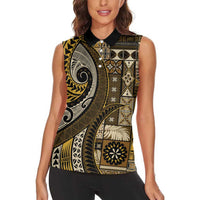 Vintage Samoa Siapo Mamanu Women Sleeveless Polo Shirt Gold Samoan Tapa Motif - Polynesian Pride