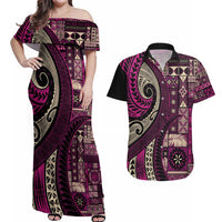 Vintage Samoa Siapo Mamanu Couples Matching Off Shoulder Maxi Dress and Hawaiian Shirt Pink Samoan Tapa Motif - Polynesian Pride
