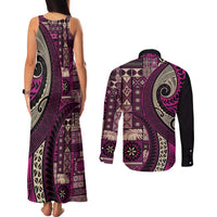 Vintage Samoa Siapo Mamanu Couples Matching Tank Maxi Dress and Long Sleeve Button Shirt Pink Samoan Tapa Motif - Polynesian Pride