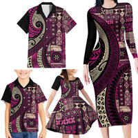Vintage Samoa Siapo Mamanu Family Matching Long Sleeve Bodycon Dress and Hawaiian Shirt Pink Samoan Tapa Motif LT9 - Polynesian Pride