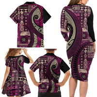 Vintage Samoa Siapo Mamanu Family Matching Long Sleeve Bodycon Dress and Hawaiian Shirt Pink Samoan Tapa Motif LT9 - Polynesian Pride