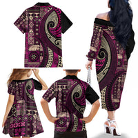 Vintage Samoa Siapo Mamanu Family Matching Off The Shoulder Long Sleeve Dress and Hawaiian Shirt Pink Samoan Tapa Motif LT9 - Polynesian Pride