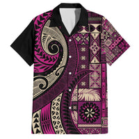 Vintage Samoa Siapo Mamanu Family Matching Off The Shoulder Long Sleeve Dress and Hawaiian Shirt Pink Samoan Tapa Motif LT9 Dad's Shirt - Short Sleeve Pink - Polynesian Pride