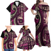 Vintage Samoa Siapo Mamanu Family Matching Off Shoulder Maxi Dress and Hawaiian Shirt Pink Samoan Tapa Motif LT9 - Polynesian Pride