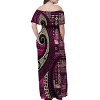 Vintage Samoa Siapo Mamanu Off Shoulder Maxi Dress Pink Samoan Tapa Motif - Polynesian Pride