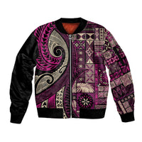 Vintage Samoa Siapo Mamanu Sleeve Zip Bomber Jacket Pink Samoan Tapa Motif LT9 Unisex Pink - Polynesian Pride
