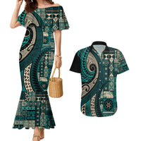 Vintage Samoa Siapo Mamanu Couples Matching Mermaid Dress and Hawaiian Shirt Teal Samoan Tapa Motif - Polynesian Pride