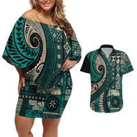 Vintage Samoa Siapo Mamanu Couples Matching Off Shoulder Short Dress and Hawaiian Shirt Teal Samoan Tapa Motif - Polynesian Pride