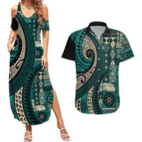 Vintage Samoa Siapo Mamanu Couples Matching Summer Maxi Dress and Hawaiian Shirt Teal Samoan Tapa Motif - Polynesian Pride