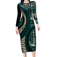 Vintage Samoa Siapo Mamanu Family Matching Long Sleeve Bodycon Dress and Hawaiian Shirt Teal Samoan Tapa Motif LT9 Mom's Dress Teal - Polynesian Pride