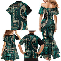 Vintage Samoa Siapo Mamanu Family Matching Mermaid Dress and Hawaiian Shirt Teal Samoan Tapa Motif LT9 - Polynesian Pride