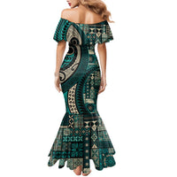 Vintage Samoa Siapo Mamanu Family Matching Mermaid Dress and Hawaiian Shirt Teal Samoan Tapa Motif LT9 - Polynesian Pride