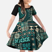 Vintage Samoa Siapo Mamanu Family Matching Off The Shoulder Long Sleeve Dress and Hawaiian Shirt Teal Samoan Tapa Motif LT9 Daughter's Dress Teal - Polynesian Pride