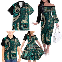 Vintage Samoa Siapo Mamanu Family Matching Off The Shoulder Long Sleeve Dress and Hawaiian Shirt Teal Samoan Tapa Motif LT9 - Polynesian Pride