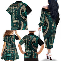 Vintage Samoa Siapo Mamanu Family Matching Off The Shoulder Long Sleeve Dress and Hawaiian Shirt Teal Samoan Tapa Motif LT9 - Polynesian Pride
