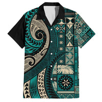 Vintage Samoa Siapo Mamanu Family Matching Off The Shoulder Long Sleeve Dress and Hawaiian Shirt Teal Samoan Tapa Motif LT9 Dad's Shirt - Short Sleeve Teal - Polynesian Pride
