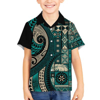 Vintage Samoa Siapo Mamanu Family Matching Off The Shoulder Long Sleeve Dress and Hawaiian Shirt Teal Samoan Tapa Motif LT9 Son's Shirt Teal - Polynesian Pride