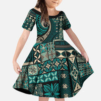 Vintage Samoa Siapo Mamanu Family Matching Off Shoulder Maxi Dress and Hawaiian Shirt Teal Samoan Tapa Motif LT9 Daughter's Dress Teal - Polynesian Pride