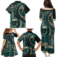 Vintage Samoa Siapo Mamanu Family Matching Puletasi and Hawaiian Shirt Teal Samoan Tapa Motif LT9 - Polynesian Pride