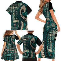 Vintage Samoa Siapo Mamanu Family Matching Short Sleeve Bodycon Dress and Hawaiian Shirt Teal Samoan Tapa Motif LT9 - Polynesian Pride