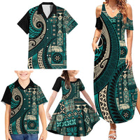 Vintage Samoa Siapo Mamanu Family Matching Summer Maxi Dress and Hawaiian Shirt Teal Samoan Tapa Motif LT9 - Polynesian Pride