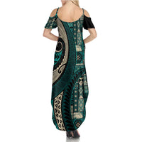 Vintage Samoa Siapo Mamanu Family Matching Summer Maxi Dress and Hawaiian Shirt Teal Samoan Tapa Motif LT9 - Polynesian Pride