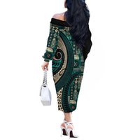 Vintage Samoa Siapo Mamanu Off The Shoulder Long Sleeve Dress Teal Samoan Tapa Motif - Polynesian Pride