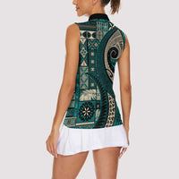 Vintage Samoa Siapo Mamanu Women Sleeveless Polo Shirt Teal Samoan Tapa Motif - Polynesian Pride