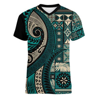 Vintage Samoa Siapo Mamanu Women V-Neck T-Shirt Teal Samoan Tapa Motif - Polynesian Pride