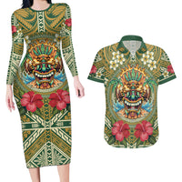 Hawaii Tiki Mask Personalized Couples Matching Long Sleeve Bodycon Dress and Hawaiian Shirt Mele Kalikimaka i Iulai! LT9 Green - Polynesian Pride