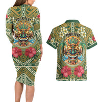 Hawaii Tiki Mask Personalized Couples Matching Long Sleeve Bodycon Dress and Hawaiian Shirt Mele Kalikimaka i Iulai!