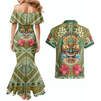 Hawaii Tiki Mask Personalized Couples Matching Mermaid Dress and Hawaiian Shirt Mele Kalikimaka i Iulai! LT9 - Polynesian Pride