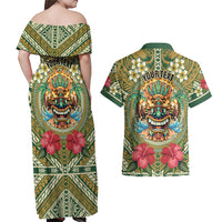 Hawaii Tiki Mask Personalized Couples Matching Off Shoulder Maxi Dress and Hawaiian Shirt Mele Kalikimaka i Iulai!